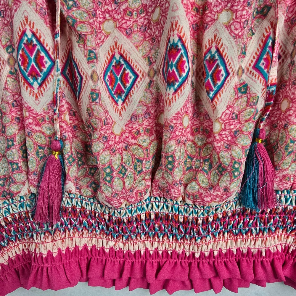 Rose Olive Boho Tribal Print Halter Neck Smocked Waist Tassel Top Womens L boho‎ - Picture 3 of 10